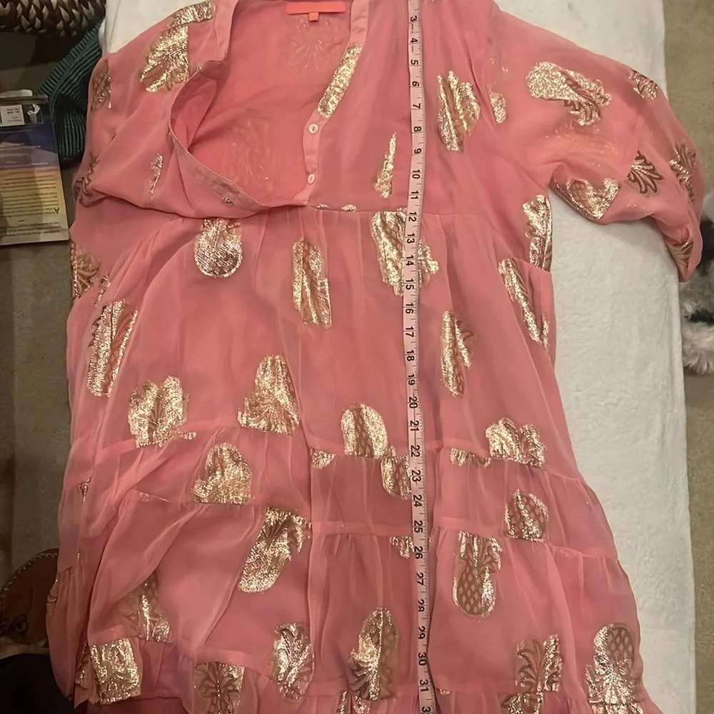 Simply Southern pink gauzy tiered short dress foiled tinsel gold pineapples XXL - Picture 10 of 13